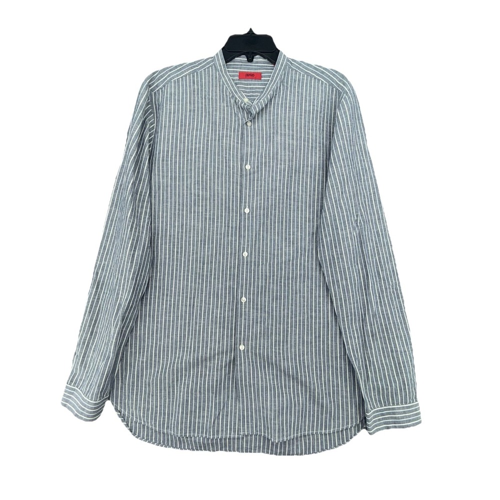 Hugo Boss Mens Long Sleeve Dress Shirt Band Collar Linen blend large Stripe - Picture 2 of 7
